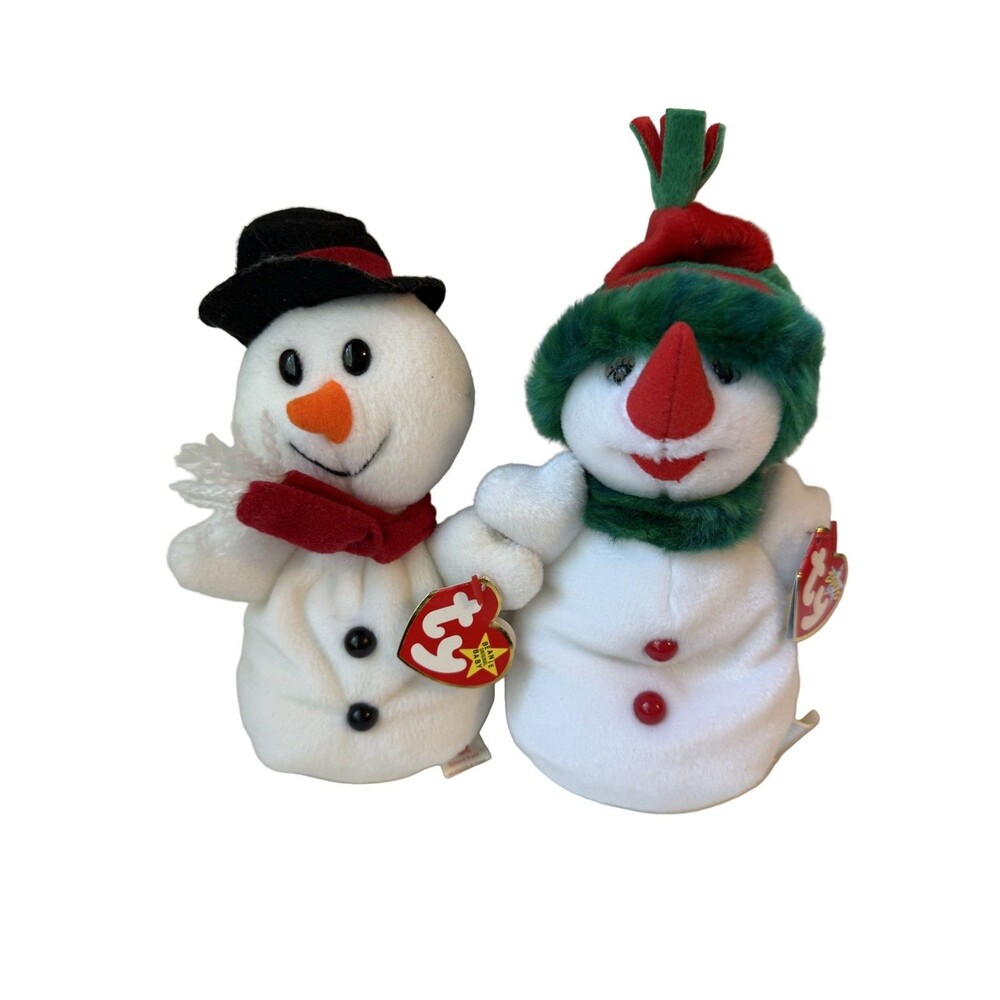 2 Snowman Ty Beanie Babies Ty Snowball & Snowgirl Plush Toy Christmas Theme 1996